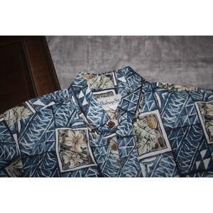 Bishop St Made‎ In Hawaii Mens M Hawaiian Shirt Leaves Flowers Aloha Blue